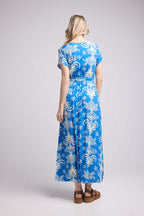 Robe Longue Manches Courtes - Feuilles Bleu