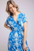 Robe Longue Manches Courtes - Feuilles Bleu