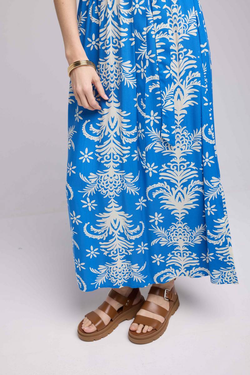 Robe Longue Manches Courtes - Feuilles Bleu