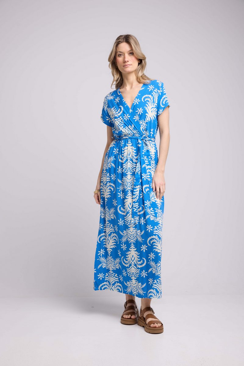 Robe Longue Manches Courtes - Feuilles Bleu