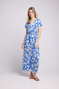 Robe Longue Manches Courtes - Fleurs Bleu