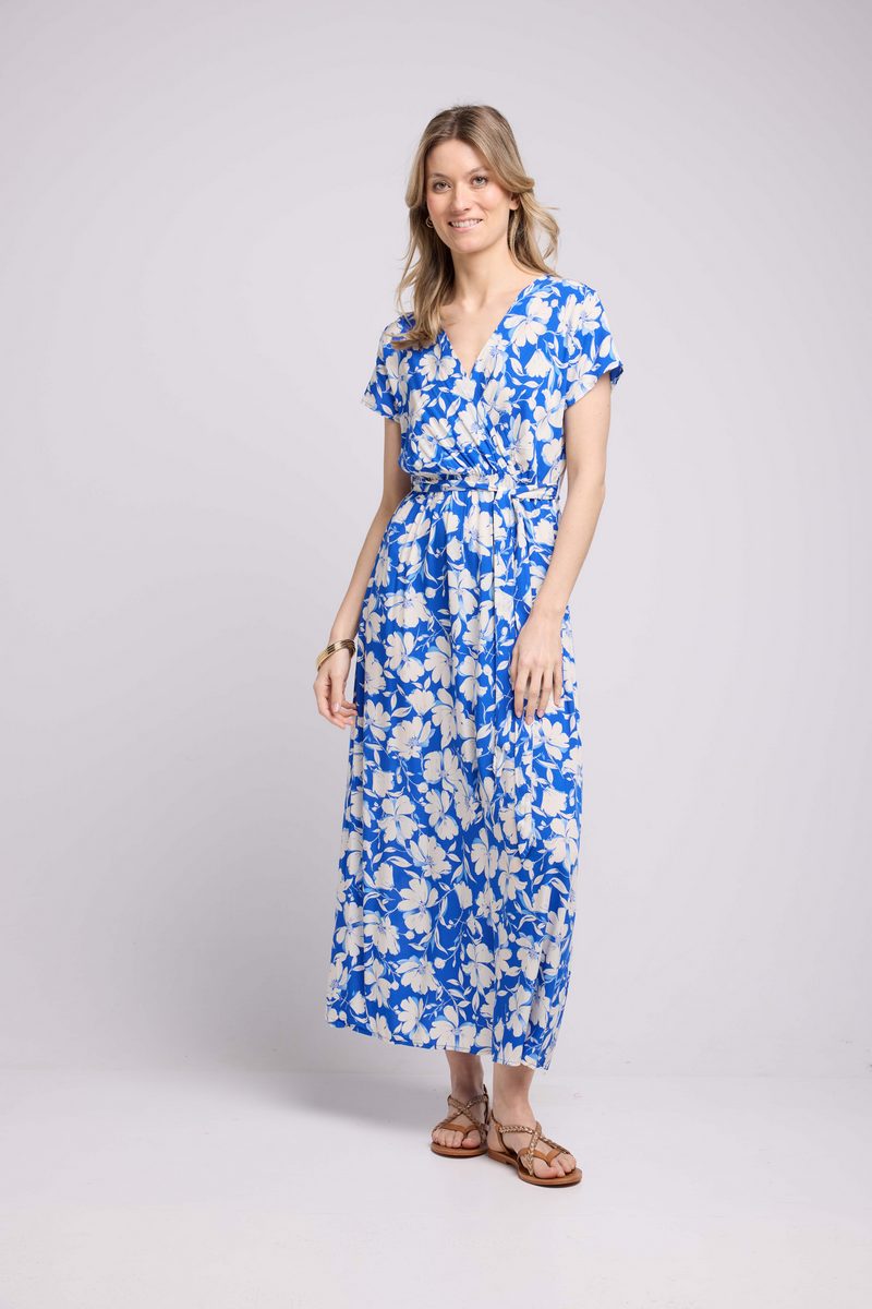Robe Longue Manches Courtes - Fleurs Bleu