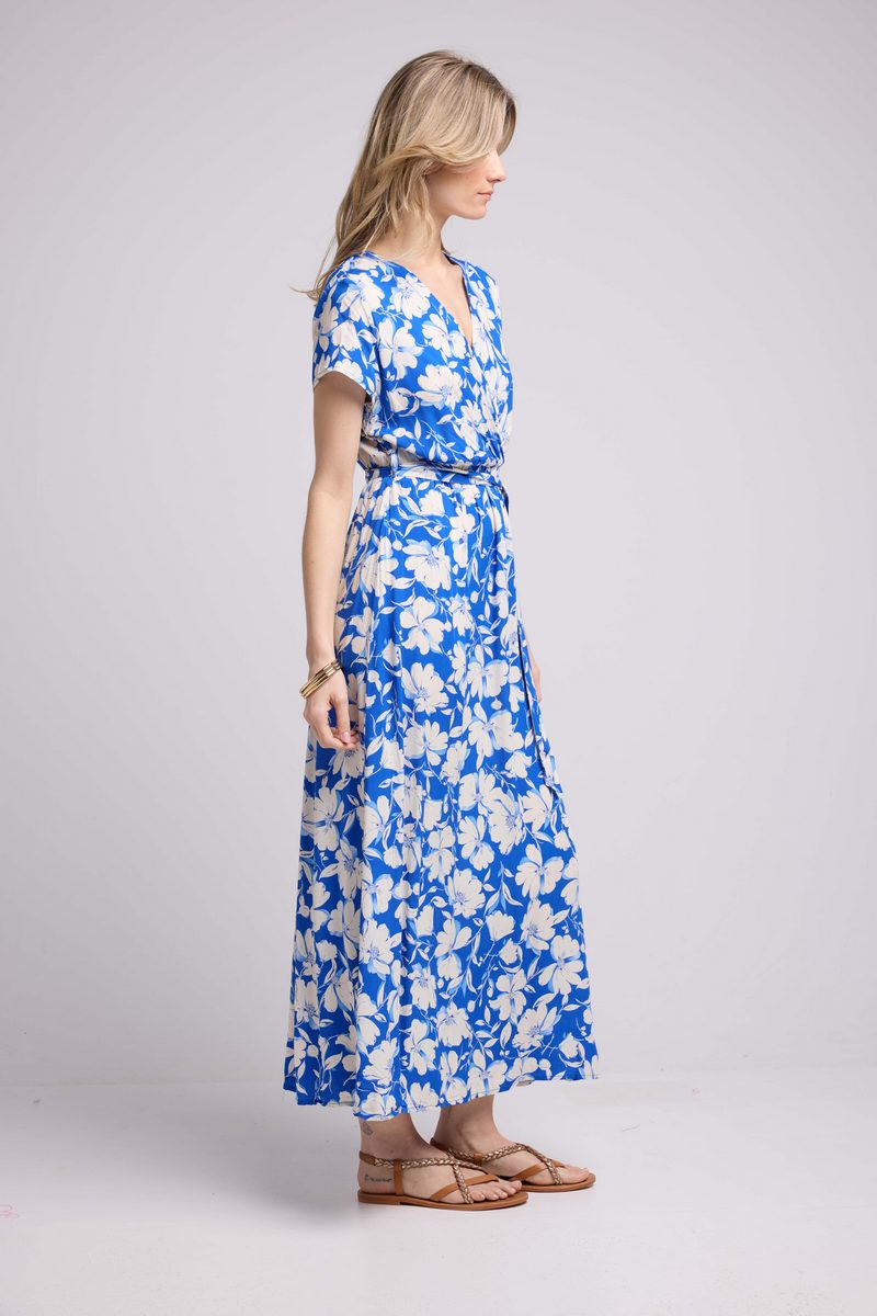 Robe Longue Manches Courtes - Fleurs Bleu