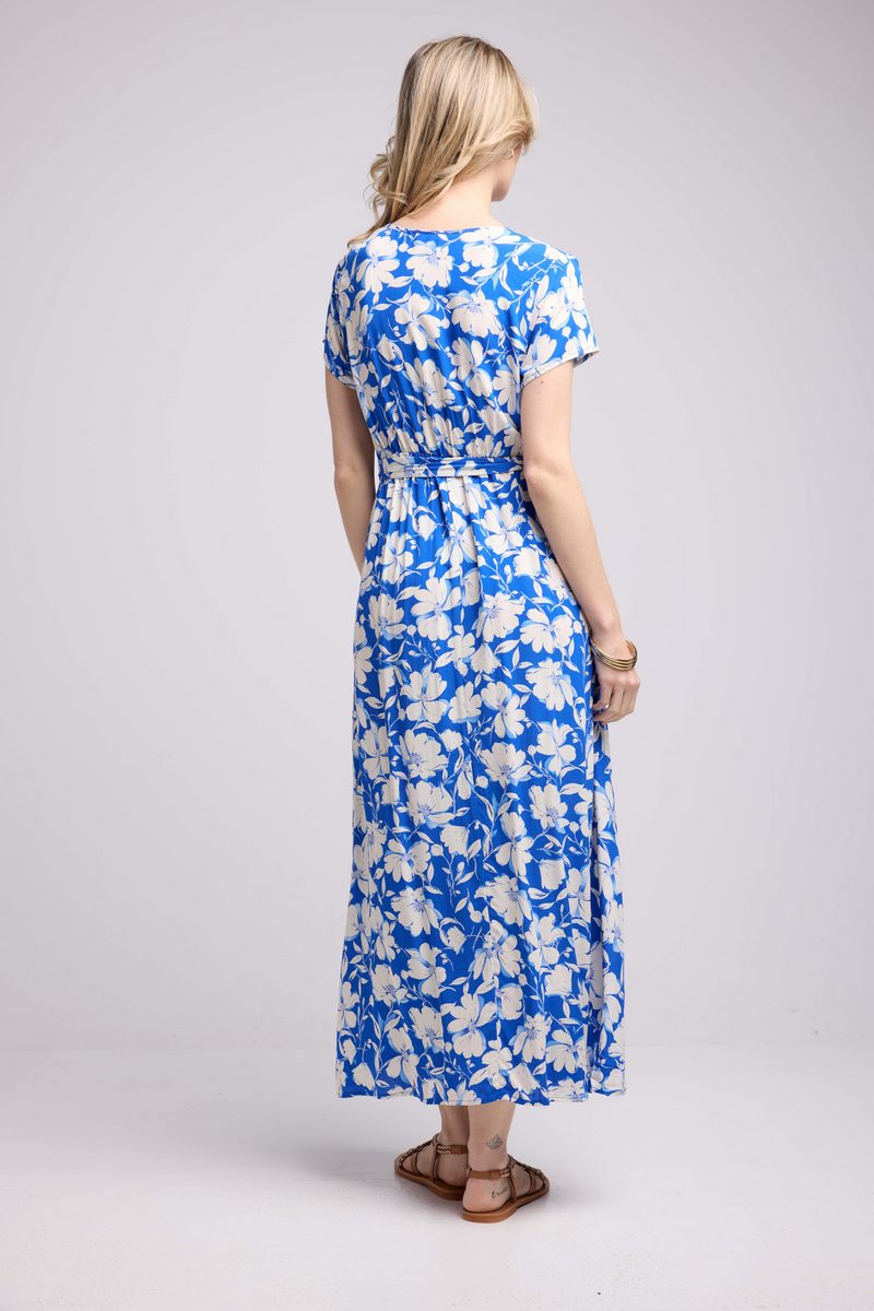 Robe Longue Manches Courtes - Fleurs Bleu