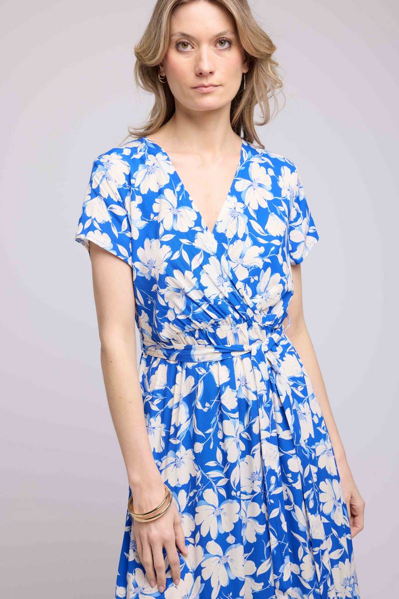 Robe Longue Manches Courtes - Fleurs Bleu