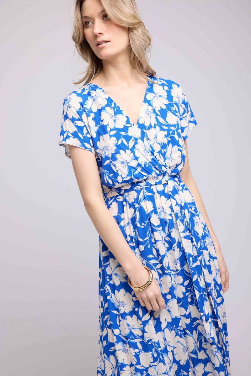 Robe Longue Manches Courtes - Fleurs Bleu