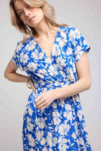 Robe Longue Manches Courtes - Fleurs Bleu