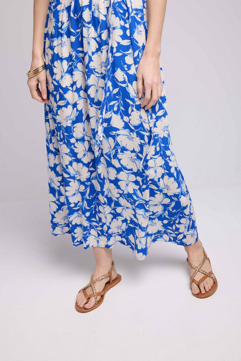 Robe Longue Manches Courtes - Fleurs Bleu