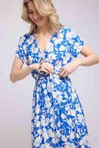 Robe Longue Manches Courtes - Fleurs Bleu