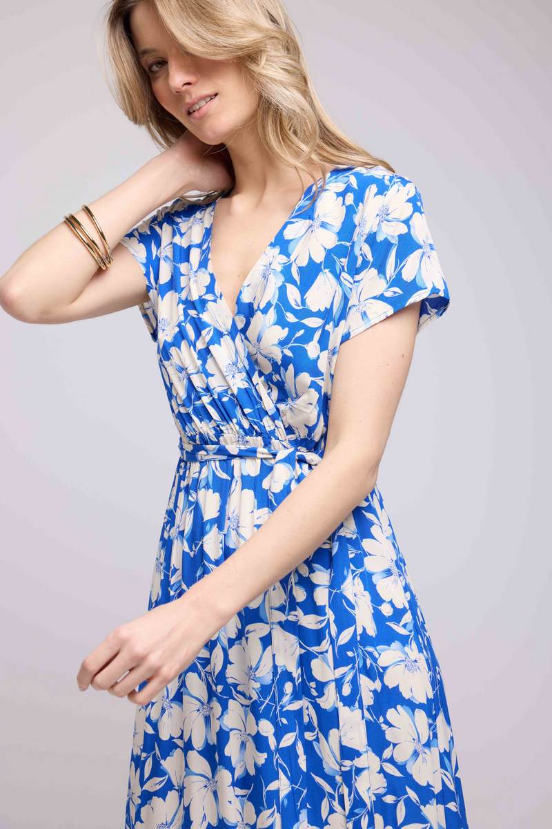 Robe Longue Manches Courtes - Fleurs Bleu