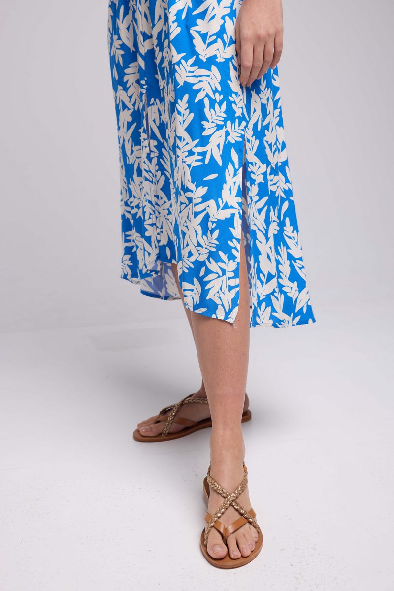 Robe Longue Manches Longues - Feuilles Bleu