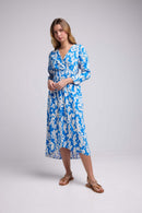 Robe Longue Manches Longues - Feuilles Bleu