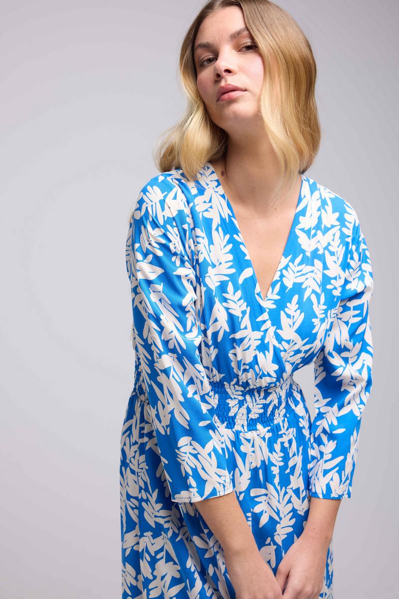 Robe Longue Manches Longues - Feuilles Bleu