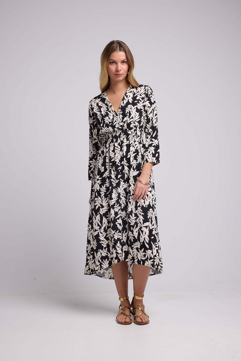 Vestido Largo Manga Larga - Hojas Grandes Negro