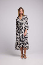 Vestido Largo Manga Larga - Hojas Grandes Negro