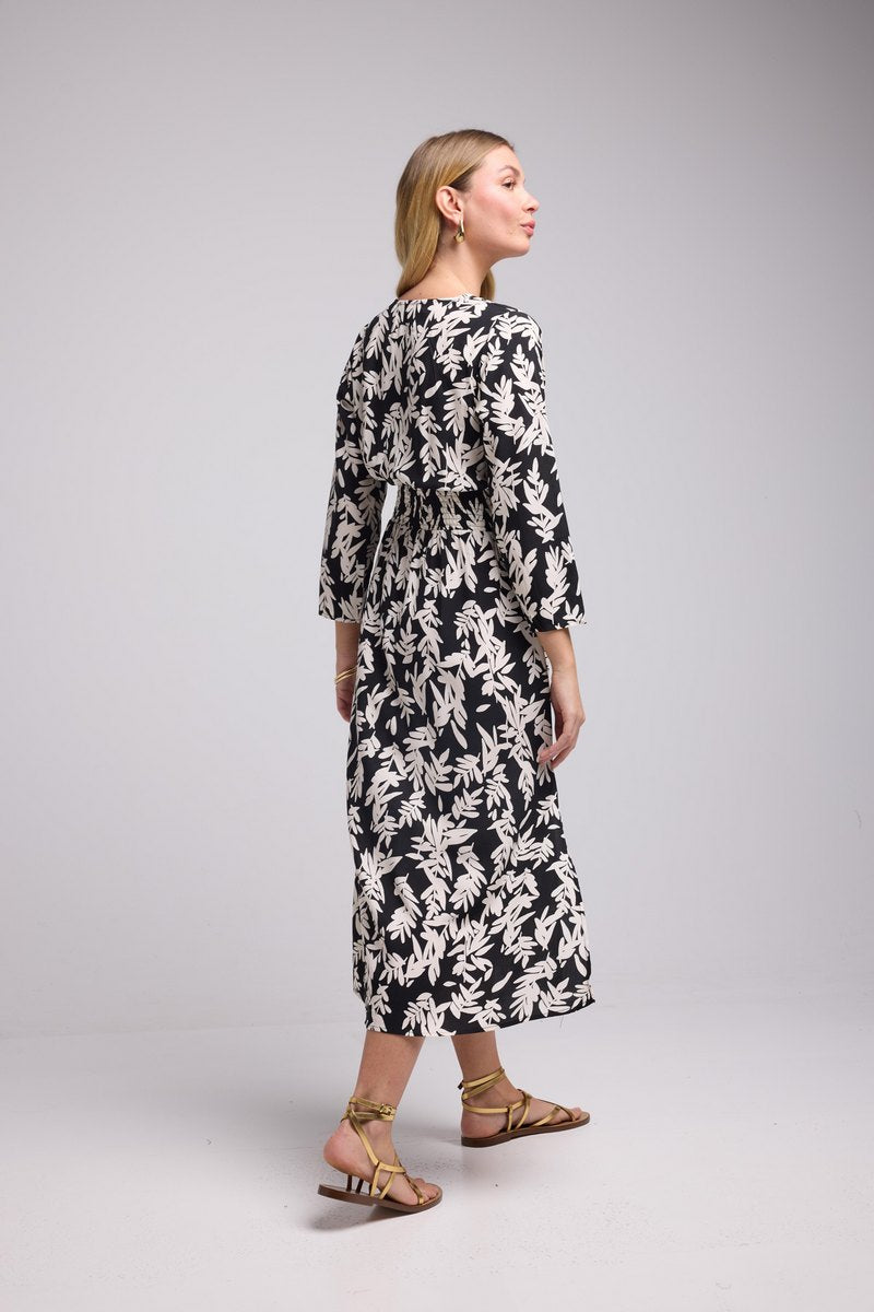 Vestido Largo Manga Larga - Hojas Grandes Negro