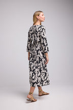 Vestido Largo Manga Larga - Hojas Grandes Negro