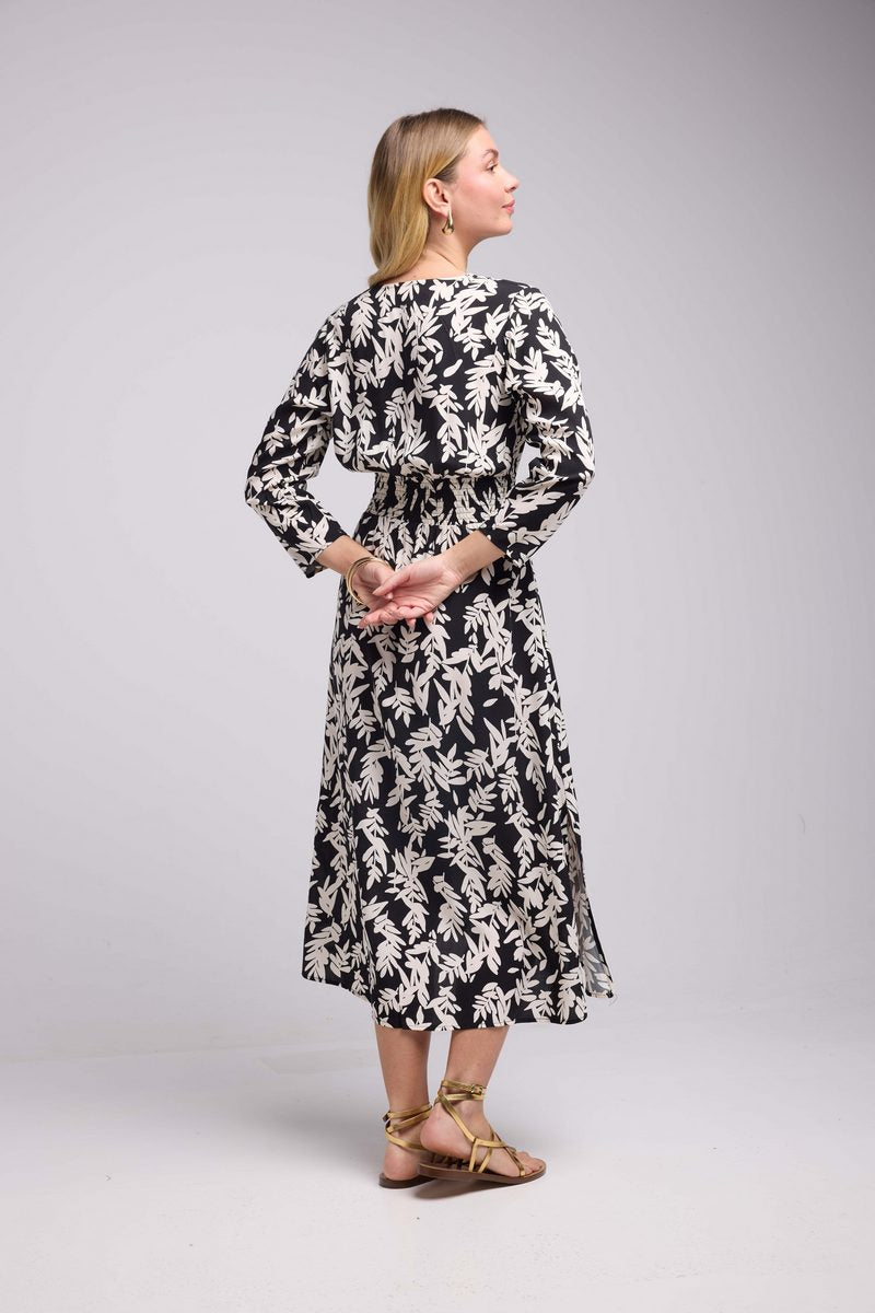 Vestido Largo Manga Larga - Hojas Grandes Negro