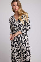 Vestido Largo Manga Larga - Hojas Grandes Negro