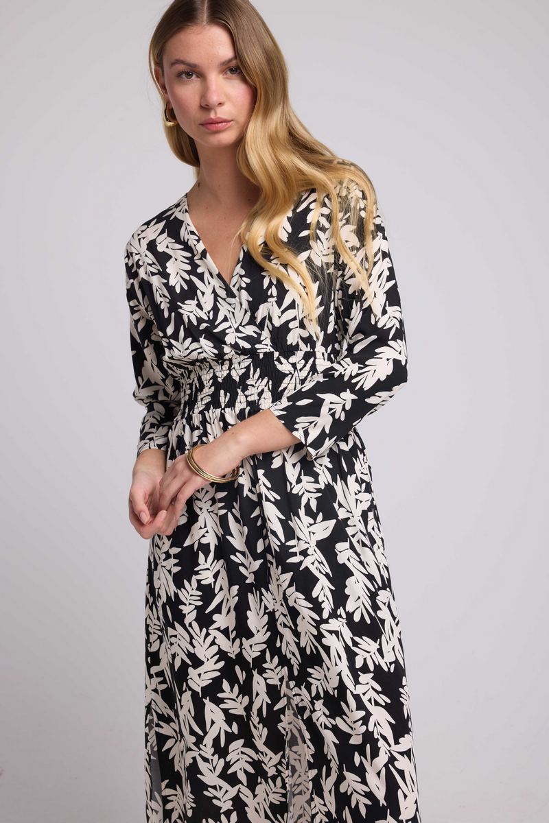 Vestido Largo Manga Larga - Hojas Grandes Negro