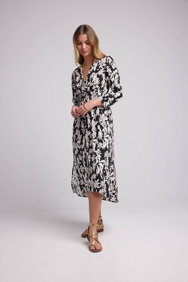 Vestido Largo Manga Larga - Hojas Grandes Negro