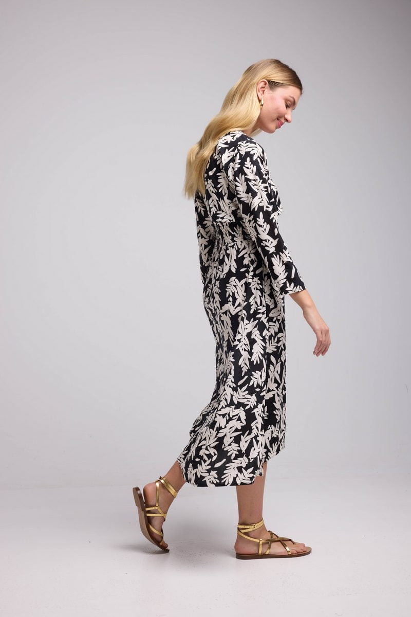 Vestido Largo Manga Larga - Hojas Grandes Negro