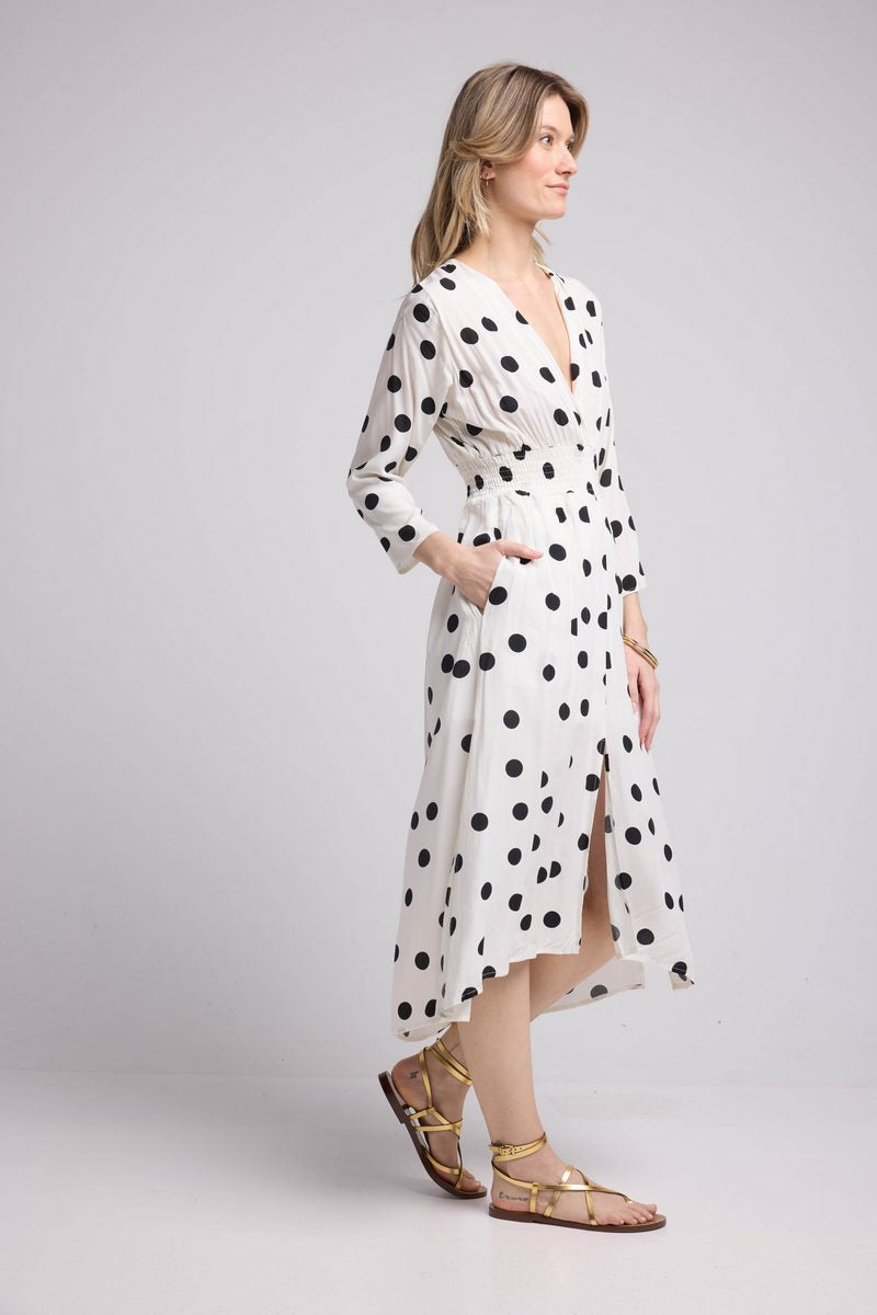 Vestido largo de manga larga - Lunares blancos y negros
