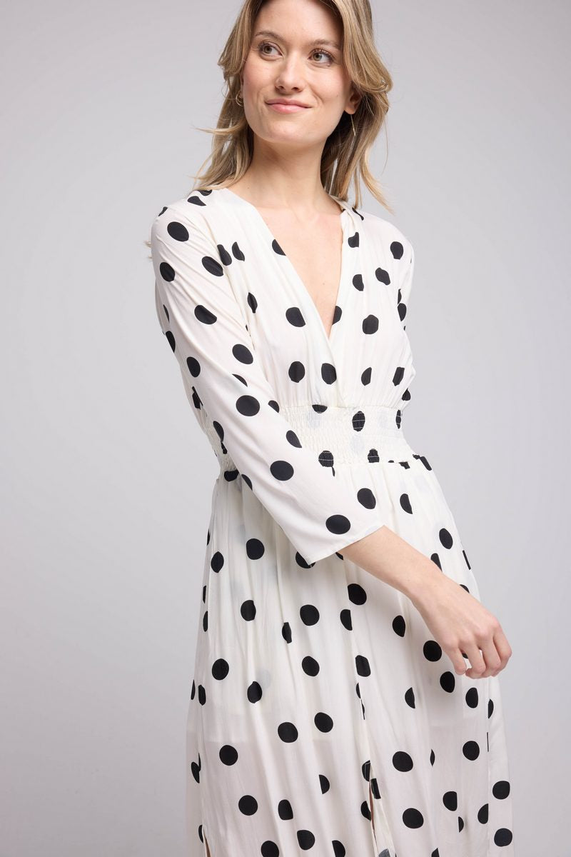 Vestido largo de manga larga - Lunares blancos y negros