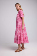 Robe Longue Manches Courtes - Rose Blanc