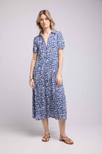 Vestido Largo Manga Corta - Flores Azules