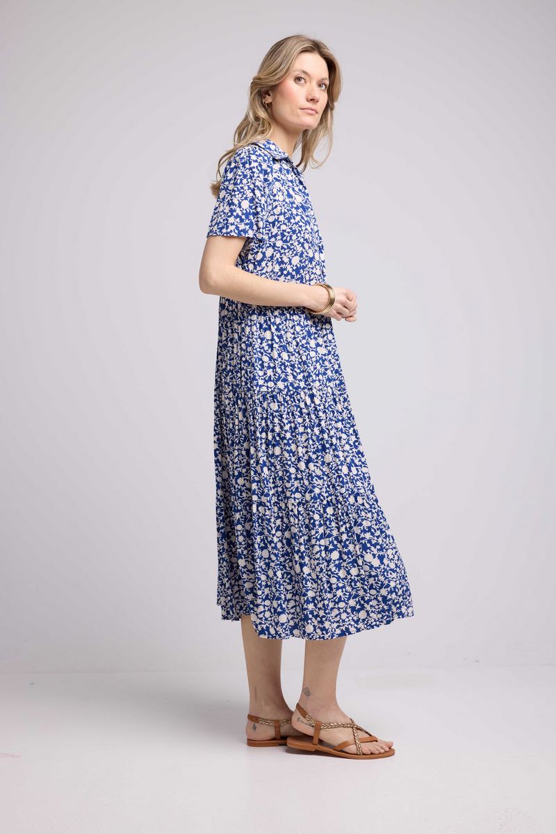 Vestido Largo Manga Corta - Flores Azules