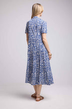 Vestido Largo Manga Corta - Flores Azules