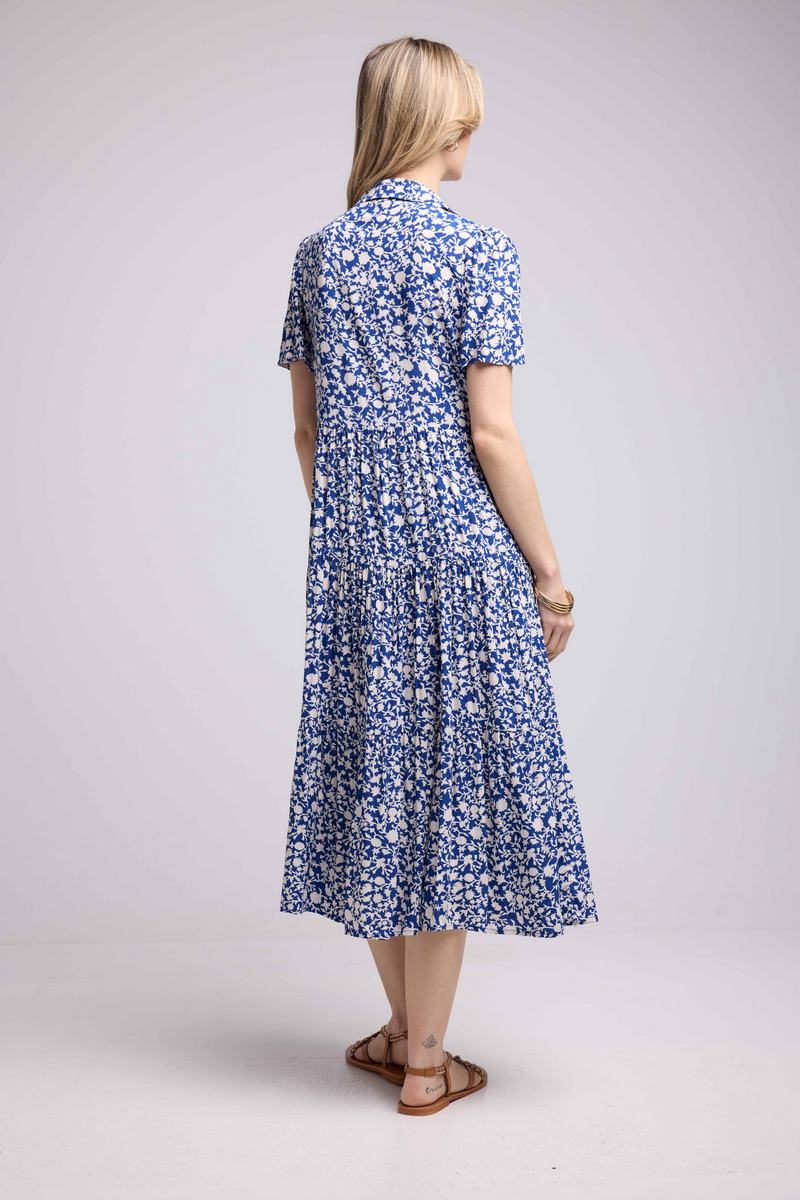 Vestido Largo Manga Corta - Flores Azules