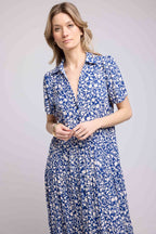 Vestido Largo Manga Corta - Flores Azules