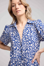 Vestido Largo Manga Corta - Flores Azules