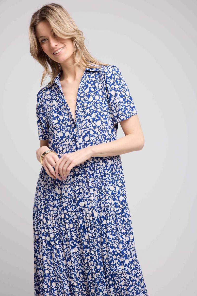 Vestido Largo Manga Corta - Flores Azules
