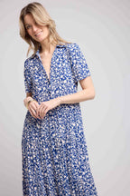 Vestido Largo Manga Corta - Flores Azules