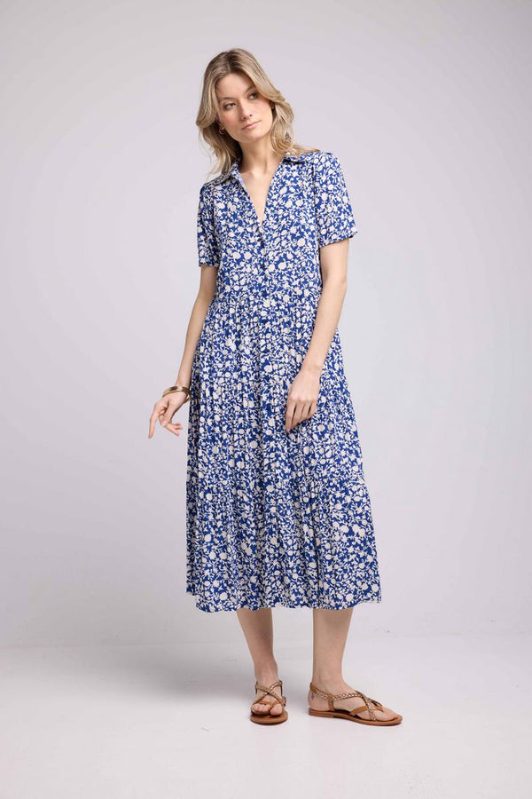 Vestido Largo Manga Corta - Flores Azules