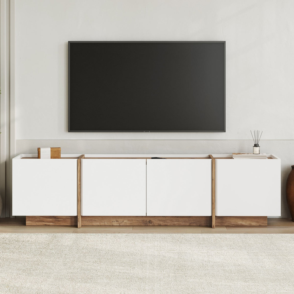 Lowen - TV Stand - White/Atlantic Pine