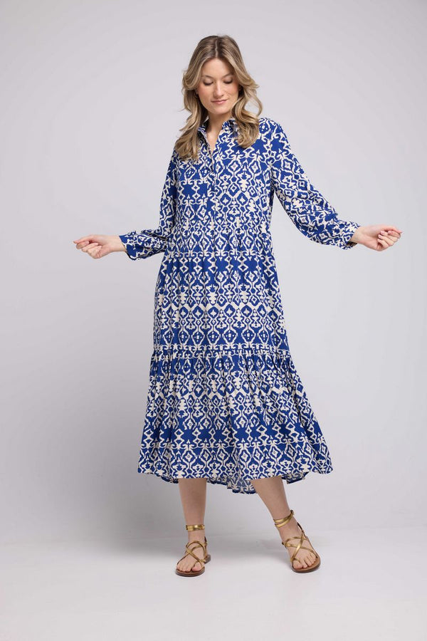 Vestido largo de manga larga - Blanco Azul