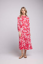 Vestido Largo Manga Larga - Grandes Flores Rojas