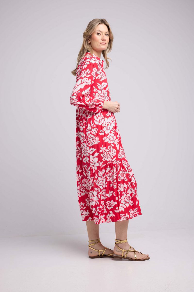 Vestido Largo Manga Larga - Grandes Flores Rojas