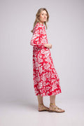 Vestido Largo Manga Larga - Grandes Flores Rojas