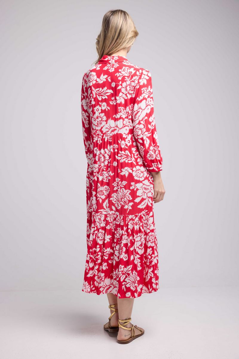 Vestido Largo Manga Larga - Grandes Flores Rojas