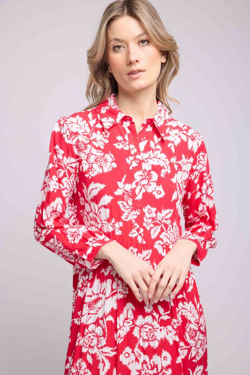 Vestido Largo Manga Larga - Grandes Flores Rojas