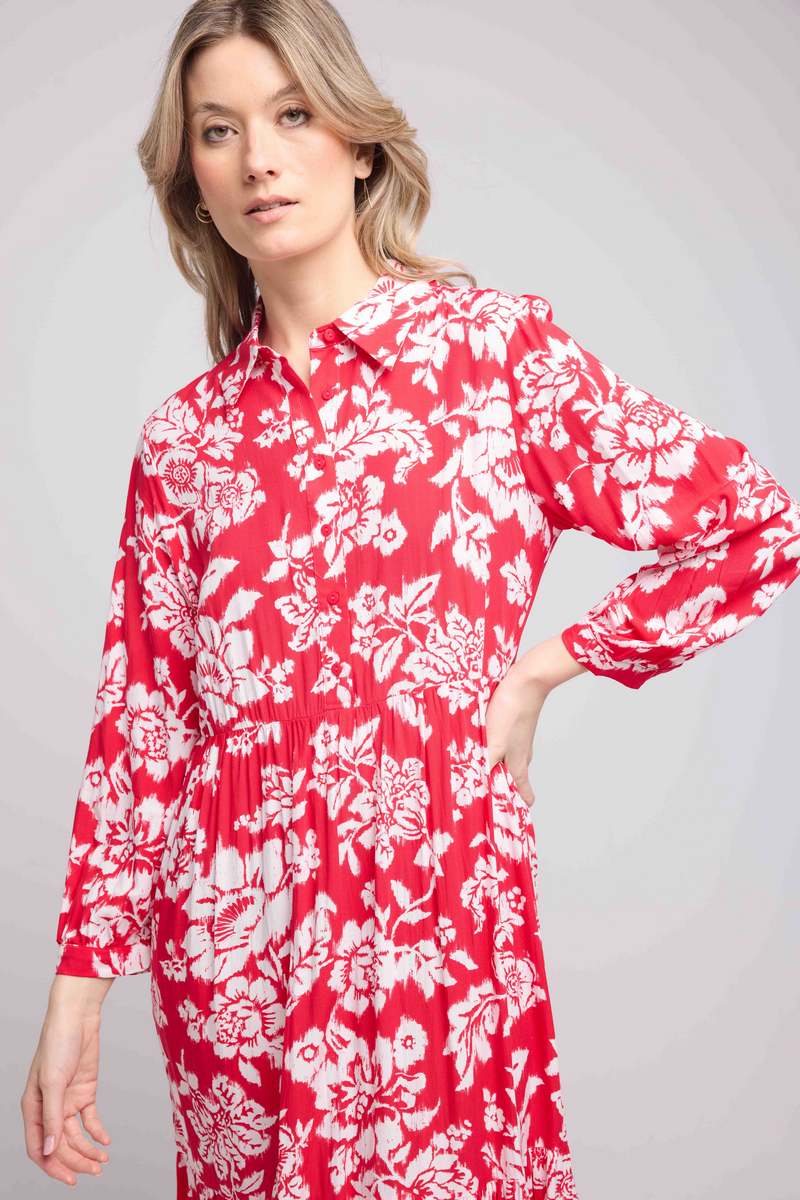 Vestido Largo Manga Larga - Grandes Flores Rojas