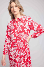 Vestido Largo Manga Larga - Grandes Flores Rojas