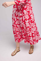 Vestido Largo Manga Larga - Grandes Flores Rojas