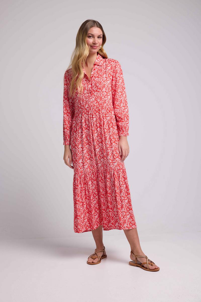 Long Sleeve Long Dress - Red Flowers