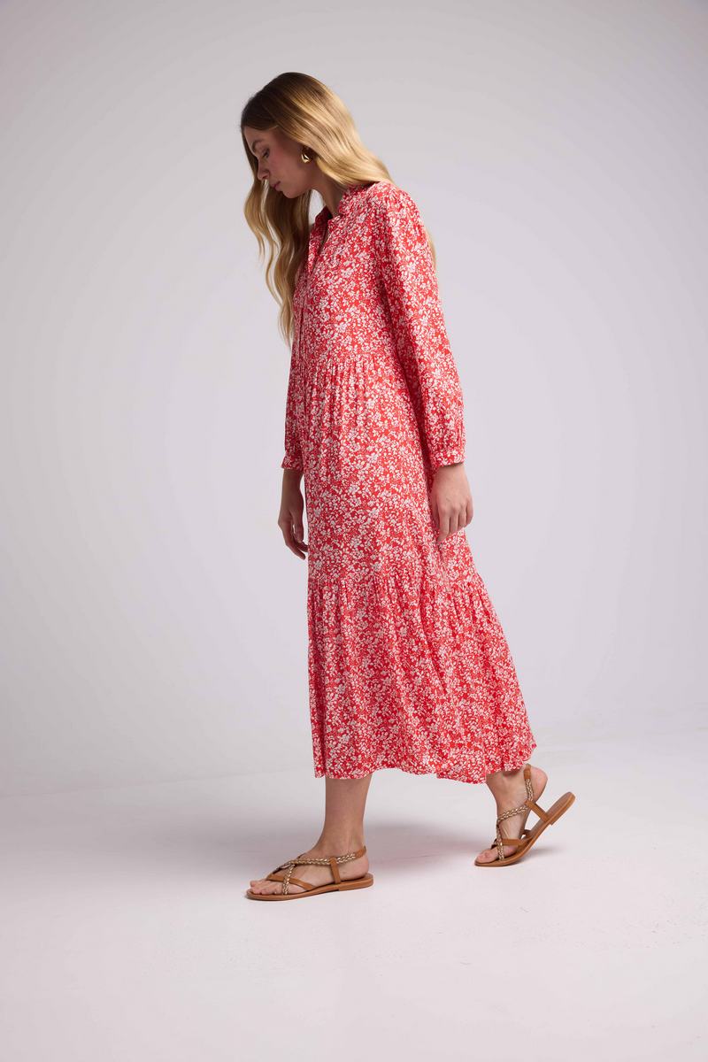 Long Sleeve Long Dress - Red Flowers